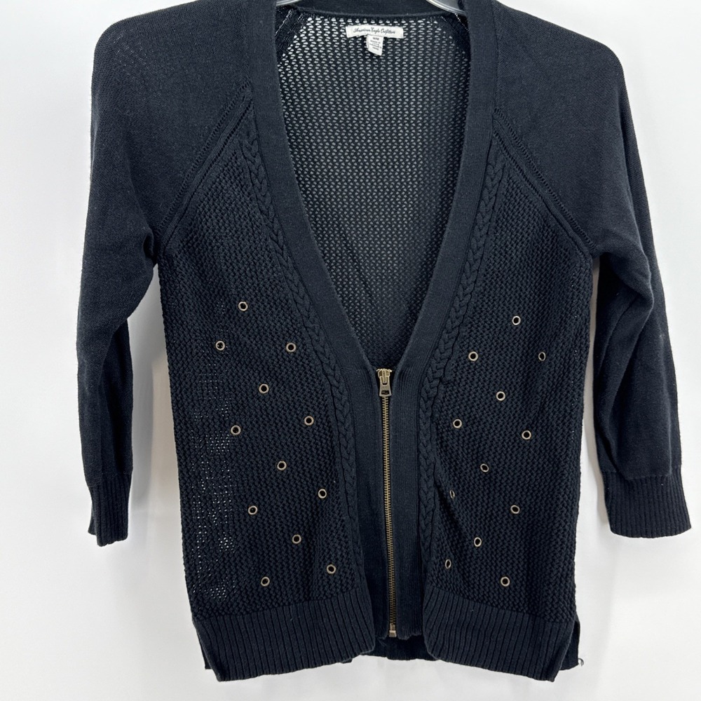 American Eagle Size: Medium Cotton Brass Black Thin Knit Cardigan Zip Up Sweater